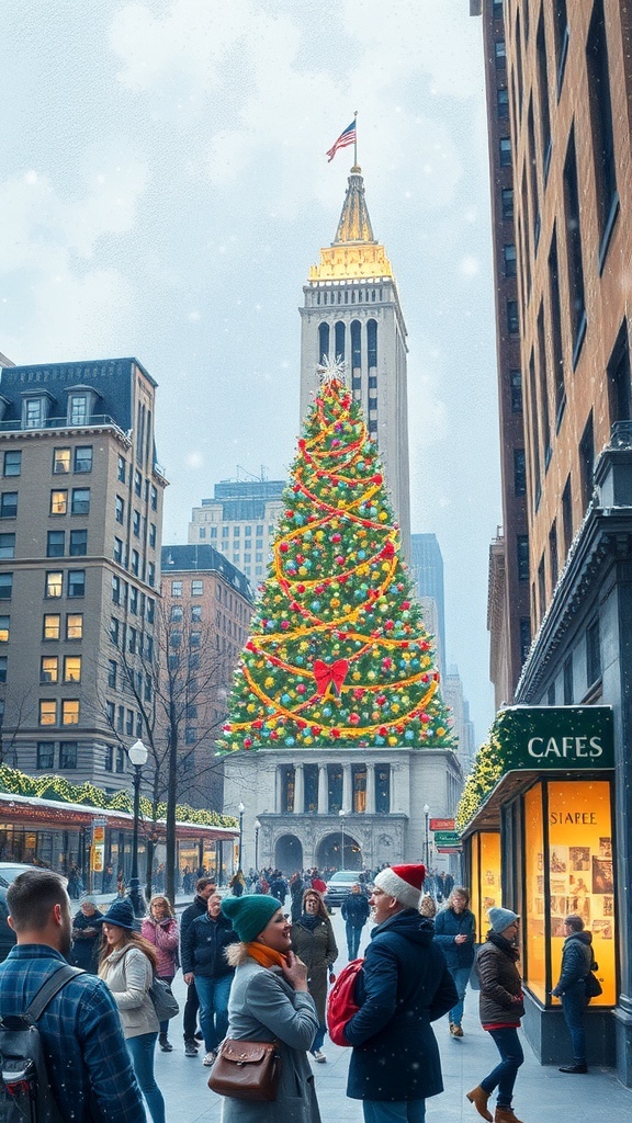 A vibrant drawing of Christmas in New York City with the Rockefeller Center tree and festive street scenes.